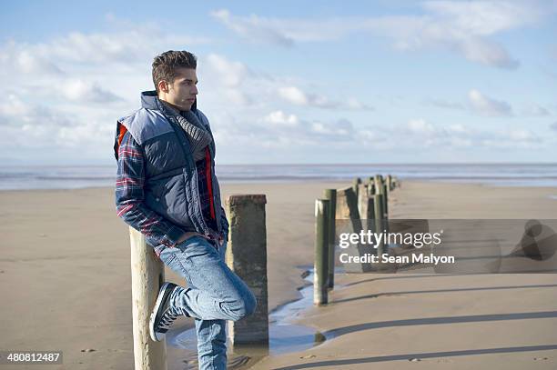 young man leaning on groyne, brean sands, somerset, england - sean malyon stock pictures, royalty-free photos & images