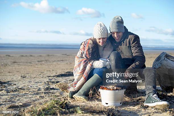 young couple having bbq on beach, brean sands, somerset, england - sean malyon stockfoto's en -beelden