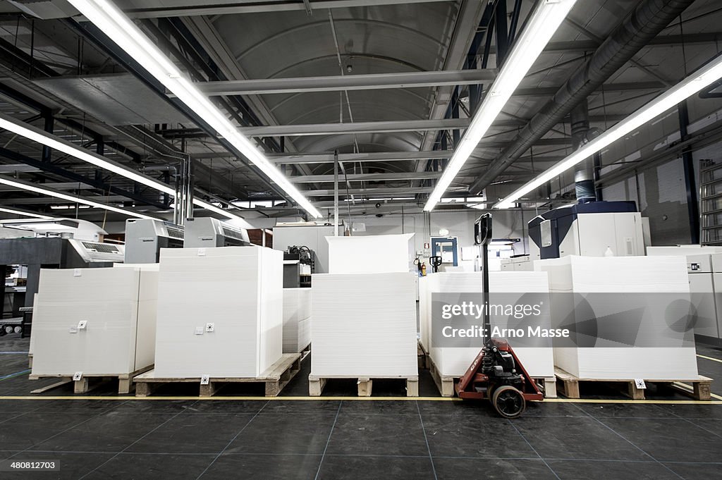 Pallets of paper in printing warehouse