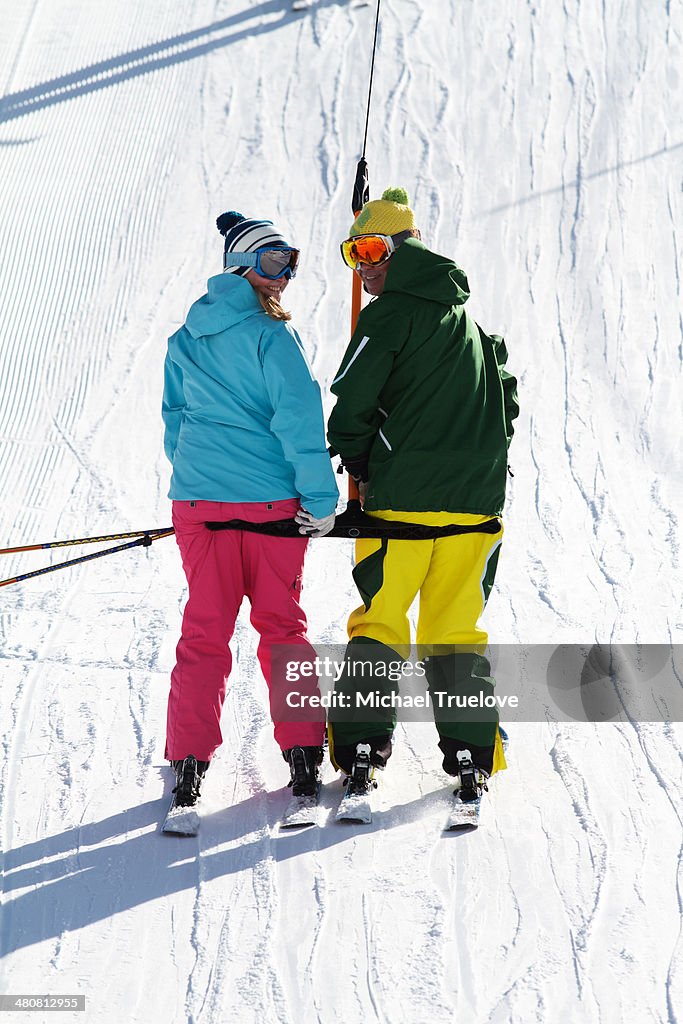 Skiers on draglift in Kuhtai , Tirol, Austria