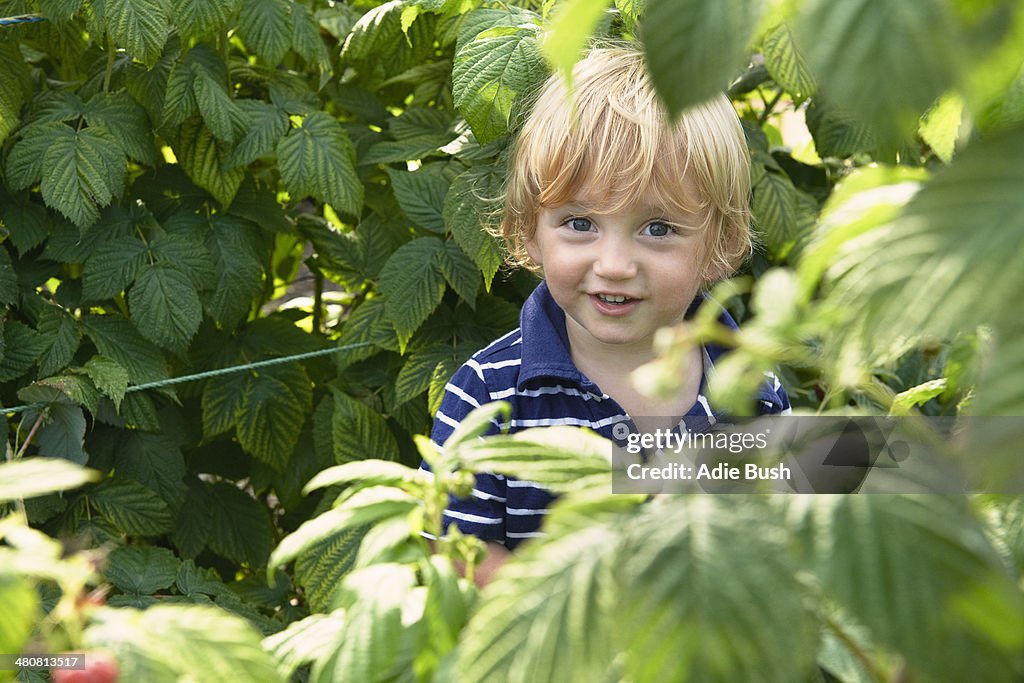 Young boy playing in garden