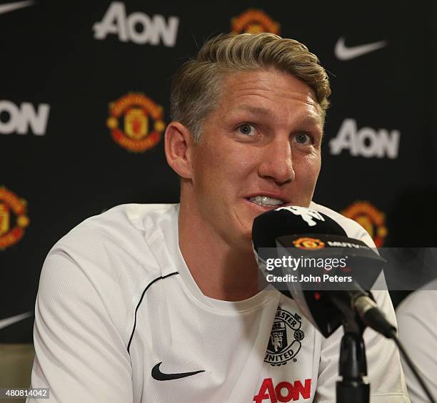 Bastian Schweinsteiger of Manchester United speaks during a press conference to unveil Bastian Schweinsteiger, Morgan Schneiderlin and Matteo Darmian...