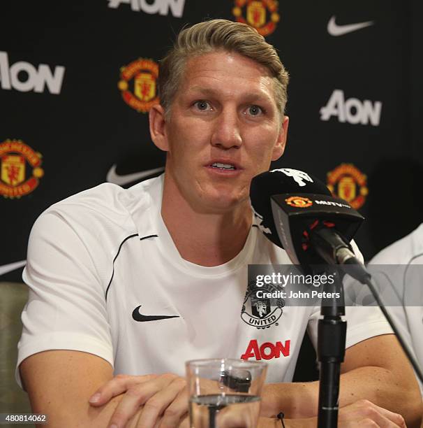 Bastian Schweinsteiger of Manchester United speaks during a press conference to unveil Bastian Schweinsteiger, Morgan Schneiderlin and Matteo Darmian...