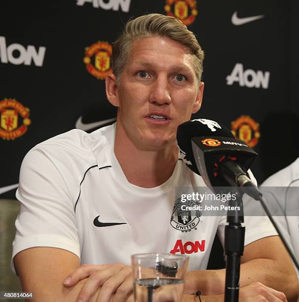 Bastian Schweinsteiger of Manchester United speaks during a press conference to unveil Bastian Schweinsteiger, Morgan Schneiderlin and Matteo Darmian...