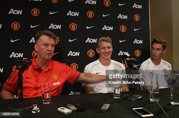 Bastian Schweinsteiger of Manchester United speaks during a press conference to unveil Bastian Schweinsteiger, Morgan Schneiderlin and Matteo Darmian...