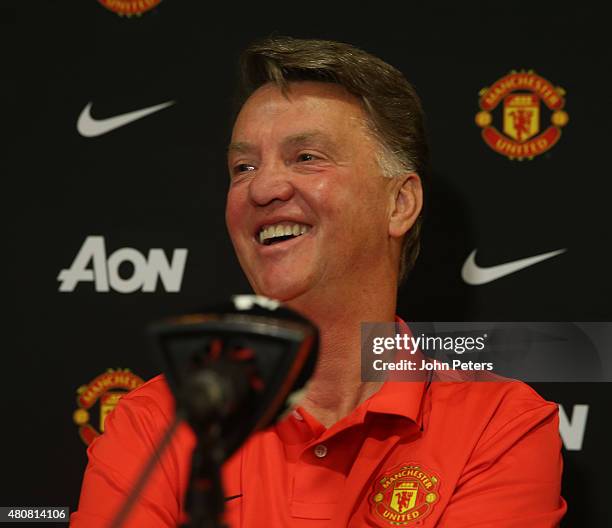 Manager Louis van Gaal of Manchester United speaks during a press conference to unveil Bastian Schweinsteiger, Morgan Schneiderlin and Matteo Darmian...