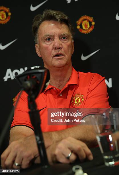 Manager Louis van Gaal of Manchester United speaks during a press conference to unveil Bastian Schweinsteiger, Morgan Schneiderlin and Matteo Darmian...