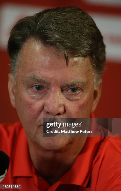 Manager Louis van Gaal of Manchester United speaks during a press conference to unveil Bastian Schweinsteiger, Morgan Schneiderlin and Matteo Darmian...