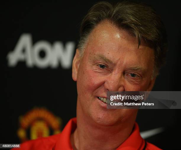 Manager Louis van Gaal of Manchester United speaks during a press conference to unveil Bastian Schweinsteiger, Morgan Schneiderlin and Matteo Darmian...