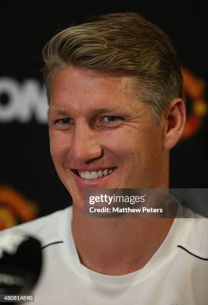 Bastian Schweinsteiger of Manchester United speaks during a press conference to unveil Bastian Schweinsteiger, Morgan Schneiderlin and Matteo Darmian...