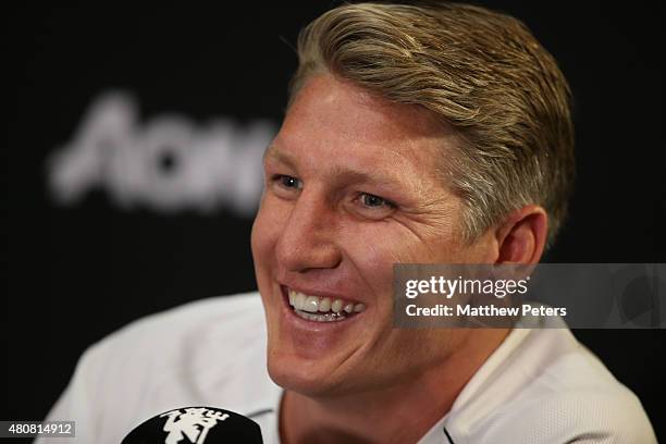 Bastian Schweinsteiger of Manchester United speaks during a press conference to unveil Bastian Schweinsteiger, Morgan Schneiderlin and Matteo Darmian...