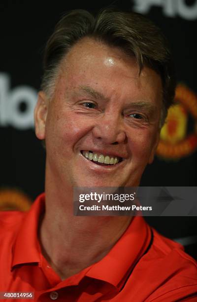 Manager Louis van Gaal of Manchester United speaks during a press conference to unveil Bastian Schweinsteiger, Morgan Schneiderlin and Matteo Darmian...