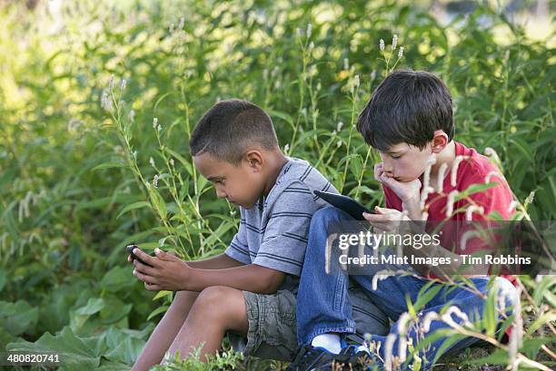 two boys sitting in a field, one on a smart phone and one using a digital tablet.  - staring stock pictures, royalty-free photos & images