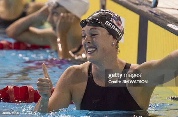 Gold medalist Allison Schmitt of USA celebrates after competing in the Women's 200M Freestyle finals at the 2015 Pan American Games in Toronto,...