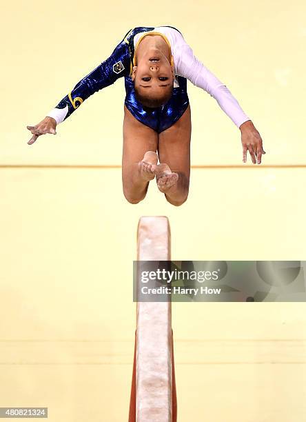 Flavia Lopes Saraiva of Brazil competes in the artistic gymnastic women's beam final during the 2015 Pan Am Games at the Toronto Coliseum on July 15,...