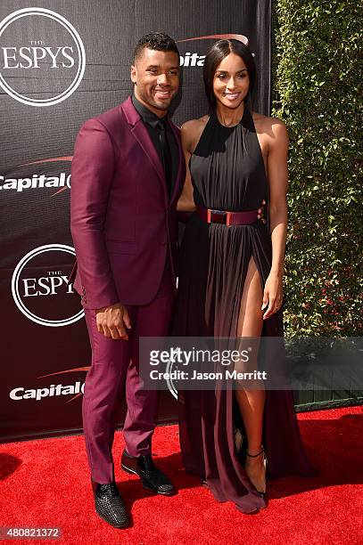 Player Russell Wilson with musician Ciara and attends The 2015 ESPYS at Microsoft Theater on July 15, 2015 in Los Angeles, California.
