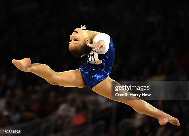 Flavia Lopes Saraiva of Brazil competes in the artistic gymnastic women's floor final during the 2015 Pan Am Games at the Toronto Coliseum on July...