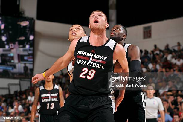 Seth Tuttle of the Miami Heat battles for position against the Atlanta Hawks on July 15, 2015 at The Cox Pavilion in Las Vegas, Nevada. NOTE TO USER:...