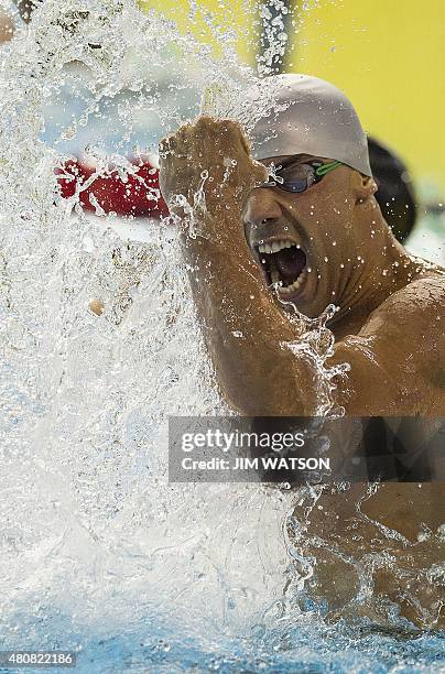 Gold medalist Joao De Lucca of Brazil celebrates after competing in the Men's 200M Freestyle finals at the 2015 Pan American Games in Toronto, Canada...