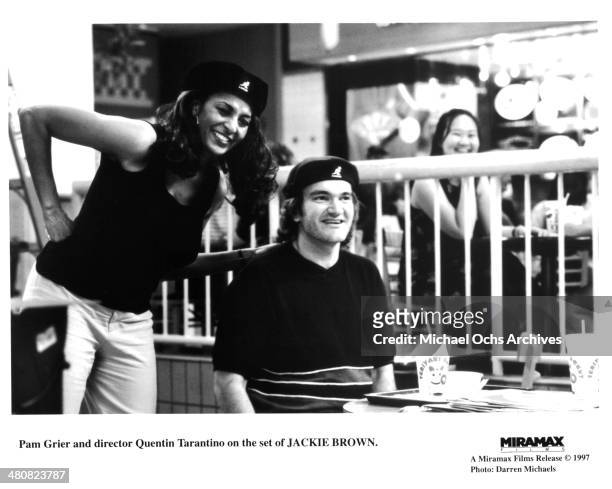 Actress Pam Grier and director Quentin Tarantino on the set of the Miramax movie "Jackie Brown", circa 1997.