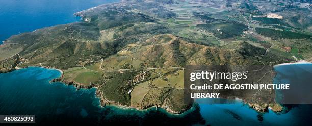 Aerial view of Peonia Rosa and Torre Cannai in the Island of Sant'Antioco - Province of Cagliari, Sardinia, Italy.