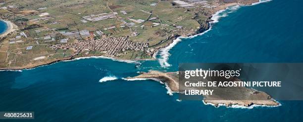 Aerial view of Portopalo di Capo Passero and Island of Capo Passero - Province of Syracuse, Sicily Region, Italy.