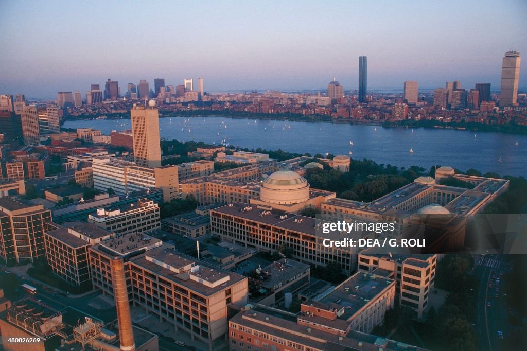 Aerial view of Massachusetts Institute of Technology (MIT), with Boston Downtown in the background - Cambridge, Massachusetts, United States of America...