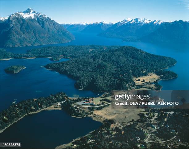 Aerial view of Nahuel Huapi Lake and the Llao Llao peninsula. In the background, Cerro Capilla, 1958 meters - Nahuel Huapi National Park, Rio Negro...