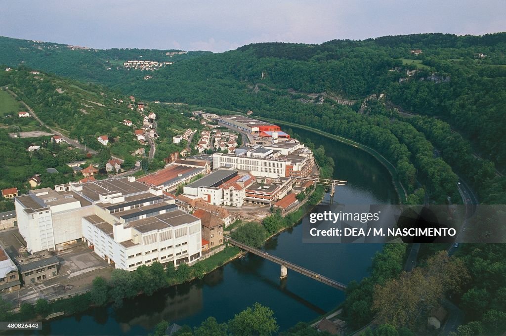 Aerial view of Besancon and loop of the Doubs river - Franche-Comte', France...