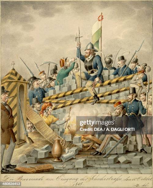 Austria, 19th century. Johann Christian Schoeller , Die Barricade am Eingang der Schulerstrasse, den 10 October 1848. Satire depicting barricades at...
