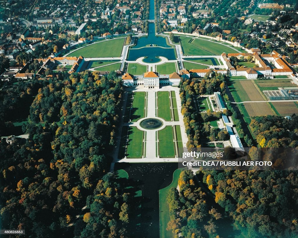 Aerial view of Nymphenburg Castle, 17th century - Munich, Bavaria, Germany...