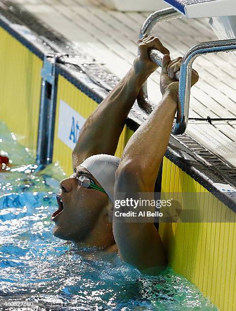 Joao De Lucca of Brazil wins the Mens 200m Freestyle finals at the Pan Am Games on July 15, 2015 in Toronto, Canada.