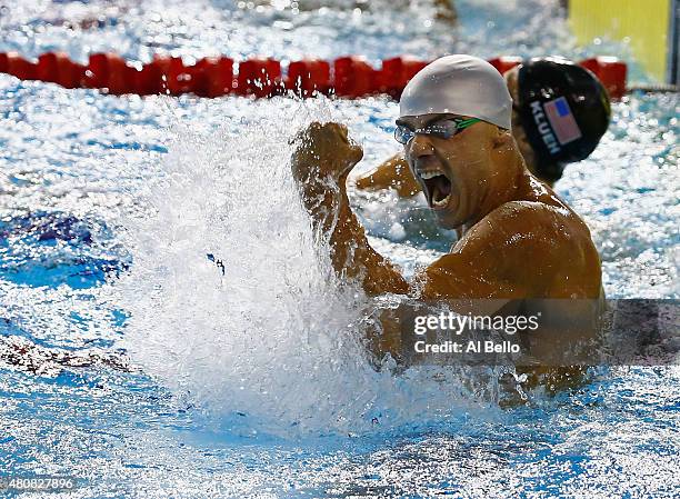 Joao De Lucca of Brazil wins the Mens 200m Freestyle finals at the Pan Am Games on July 15, 2015 in Toronto, Canada.
