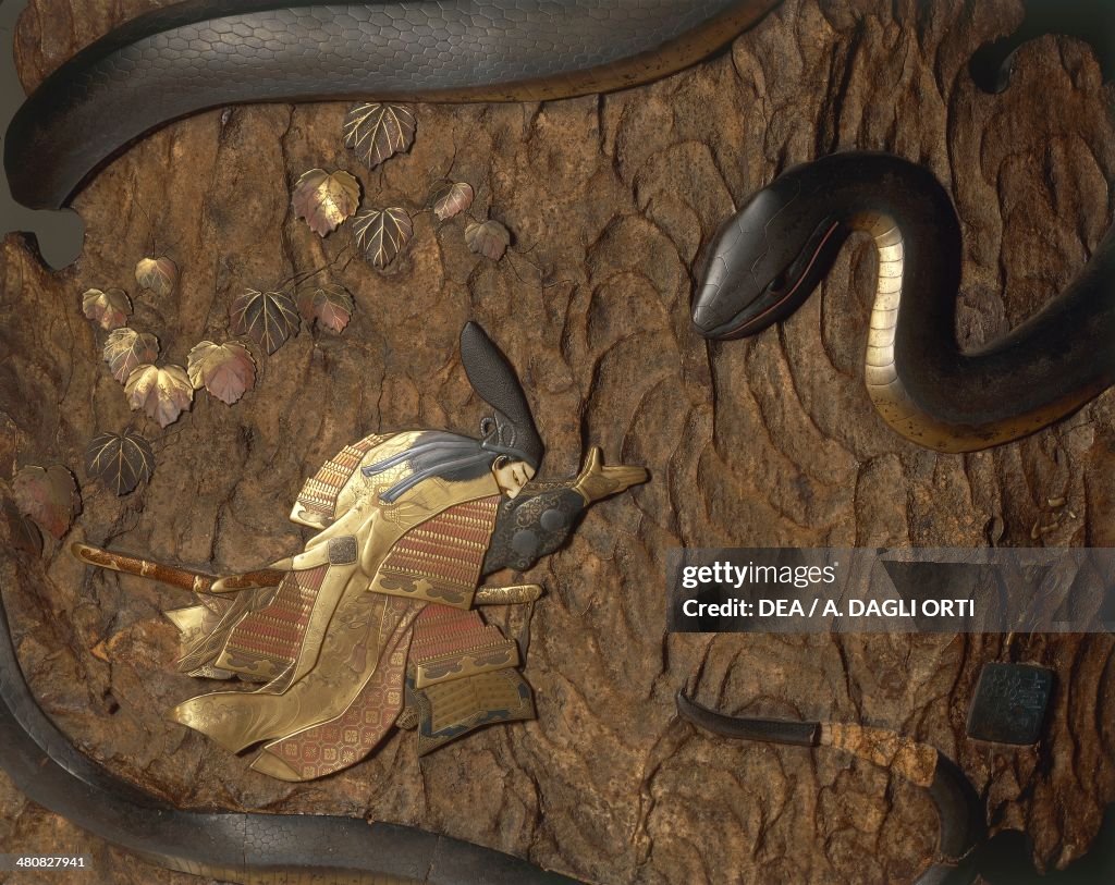 Japan - Edo period (1600-1868). Plate with a relief depicting samurai Nitta Yoshisada praying Buddha Vairocana, with the appearance of a marine dragon, before the battle of Kamamura against the Hojo (1333), 19th century.