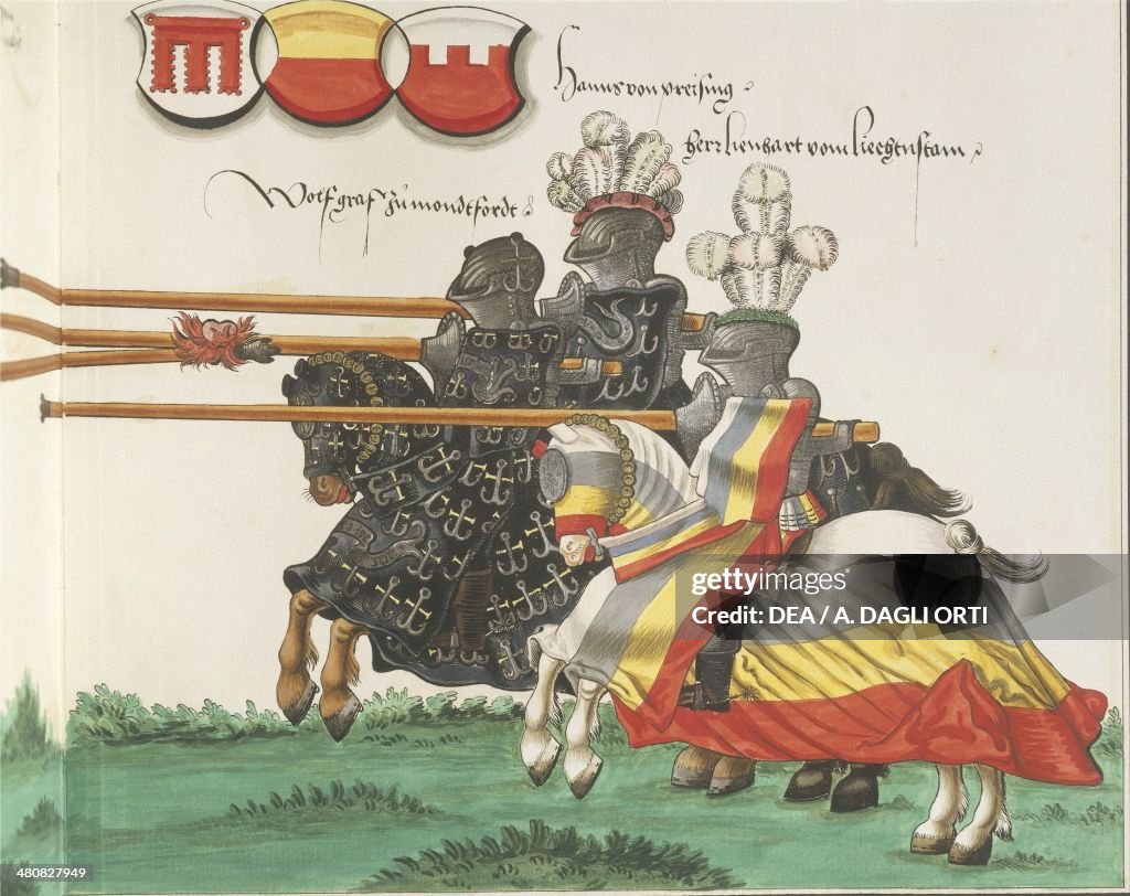 Manuscript, Germany 16th century. Herzog Wilhelm des Vierten von Bayern (William IV, Duke of Bavaria, 1493-1550). Turnier Buch. Scene depicting Wilhelm von Bayern clashing in the tournament with Wolf Graf Zu Montfort, Hans von Freising and Lehnart von Pie...
