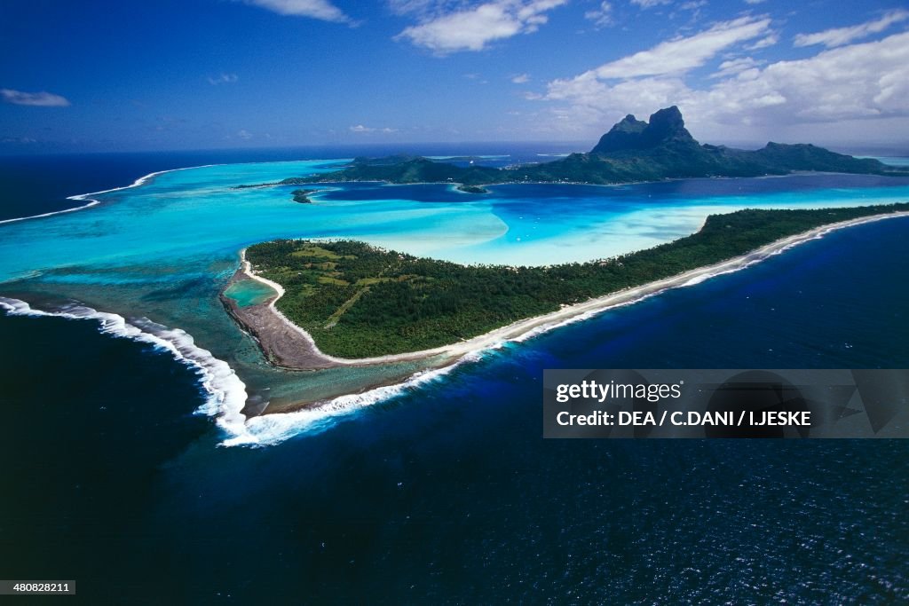 Aerial view of Bora Bora Island - Society Islands, Leeward Islands, French Polynesia (French overseas territory)...