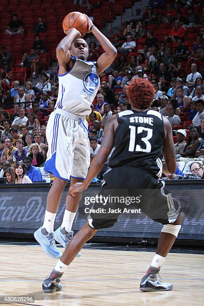 Doron Lamb of the Golden State Warriors takes a shot against the Sacramento Kings on July 15, 2015 at the Thomas & Mack Center in Las Vegas, Nevada....