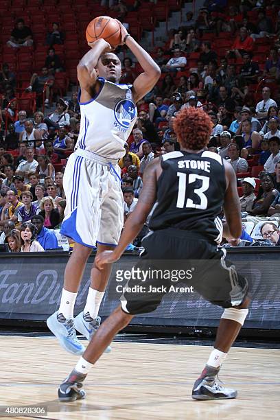 Doron Lamb of the Golden State Warriors takes a shot against the Sacramento Kings on July 15, 2015 at the Thomas & Mack Center in Las Vegas, Nevada....