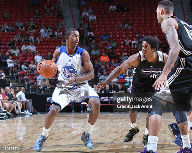Doron Lamb of the Golden State Warriors handles the ball against the Sacramento Kings on July 15, 2015 at the Thomas & Mack Center in Las Vegas,...