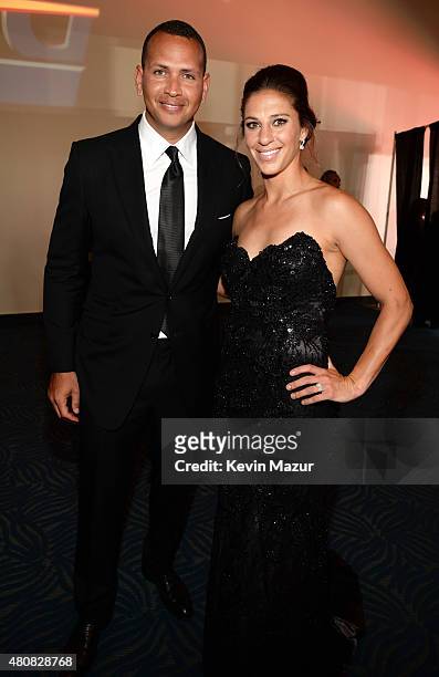 Player Alex Rodriguez with USWNT soccer player Carli Lloyd attend The 2015 ESPYS at Microsoft Theater on July 15, 2015 in Los Angeles, California.
