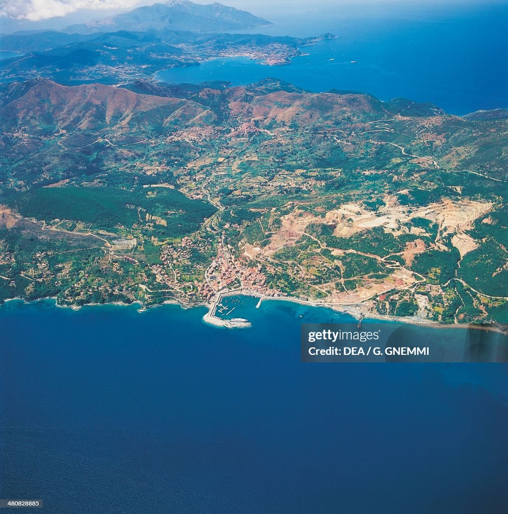 Aerial view of Rio Marina on island Isola d'Elba - Tuscan Archipelago National Park, Tuscany Region, Italy...