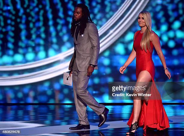 Player Richard Sherman and professional alpine ski racer Lindsey Vonn speak onstage during The 2015 ESPYS at Microsoft Theater on July 15, 2015 in...