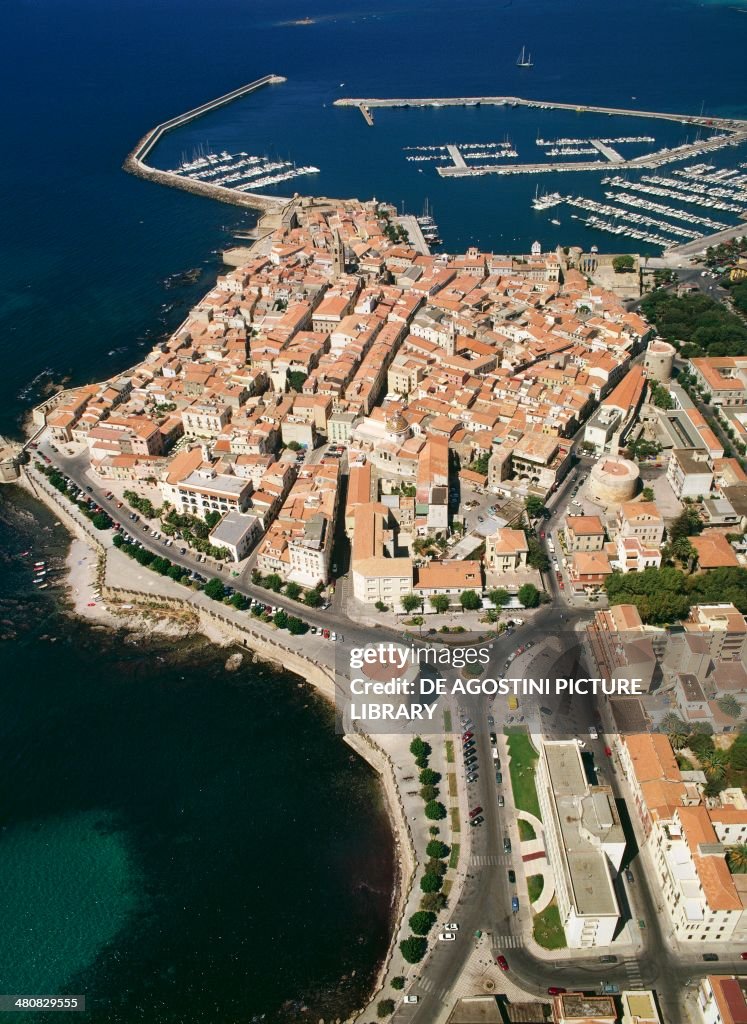 Aerial view of Alghero - Province of Sassari, Sardinia Region, Italy...