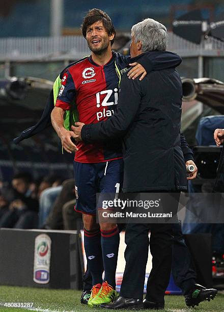 Genoa CFC coach Gian Piero Gasperini embrace his player Giuseppe Sculli during the serie A match between Genoa CFC and SS Lazio at Stadio Luigi...