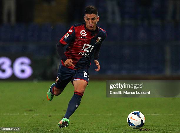 Ricardo Centurion of Genoa CFC in action during the serie A match between Genoa CFC and SS Lazio at Stadio Luigi Ferraris on March 26, 2014 in Genoa,...
