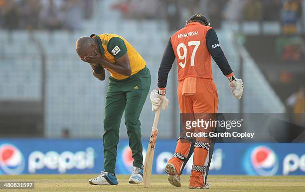 Lonwabo Tsotsobe of South Africa reacts after being hit for six runs by Stephan Myburgh of the Netherlands during the ICC World Twenty20 Bangladesh...