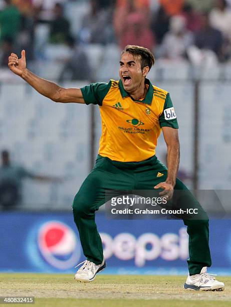 Imran Tahir of South Africa successfully appealing during the South Africa v Netherlands match at the ICC World Twenty20 Bangladesh 2014 played at...