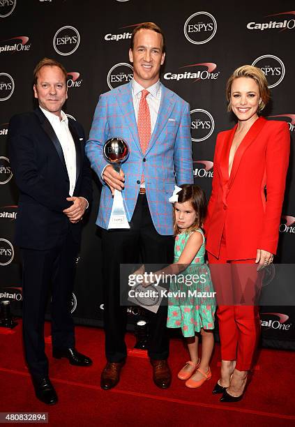 Actor Kiefer Sutherland, NFL player Peyton Manning with his daughter Mosley Thompson Manning and actress Rachel McAdams attend The 2015 ESPYS at...