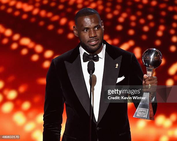 Player LeBron James accepts the award for Best Championship Performance onstage during The 2015 ESPYS at Microsoft Theater on July 15, 2015 in Los...