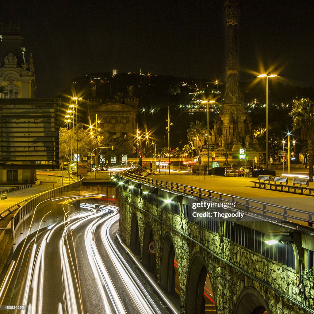 Light trails in the city, Barcelona, Catalonia, Spain